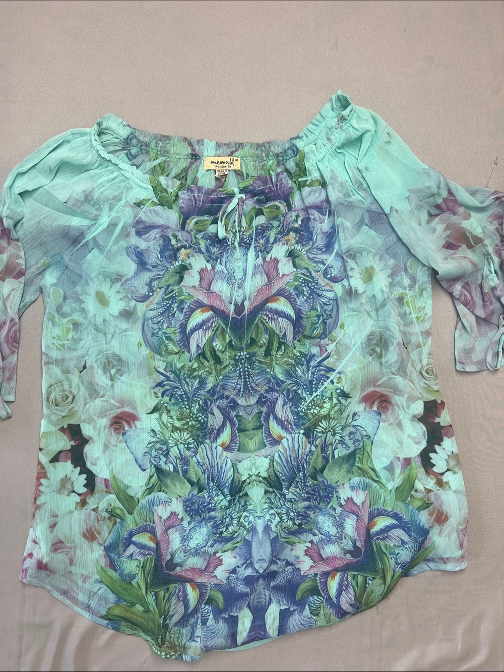 ONE WORLD Seafoam Floral Sheer Boho Peasant Blouse 0761